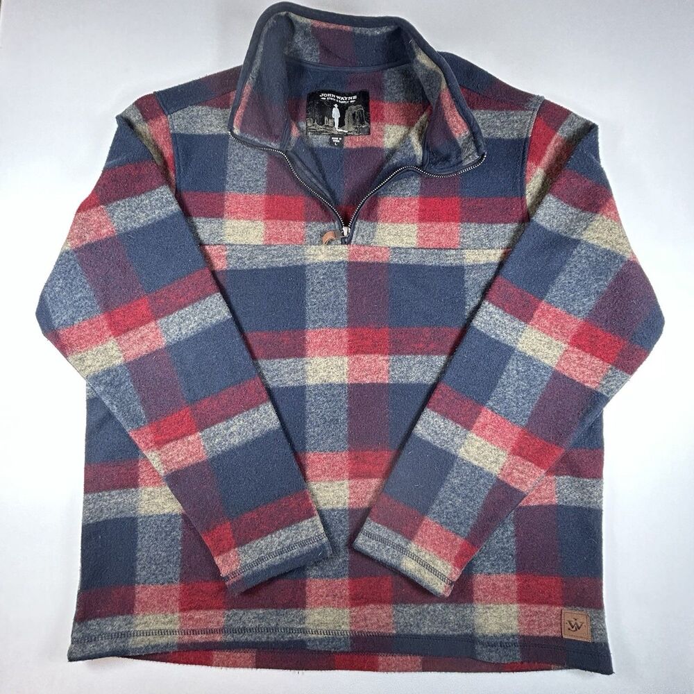 John Wayne Stock & Supply 1/4 Zip Fleece Pullover Jacket Mens L Plaid Western